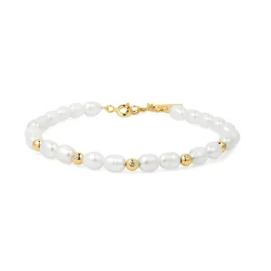 Ania Haie Gold Freshwater Pearl White Cubic Zirconia Bezel Set Bracelet B058-05G Ania Haie Jewellery