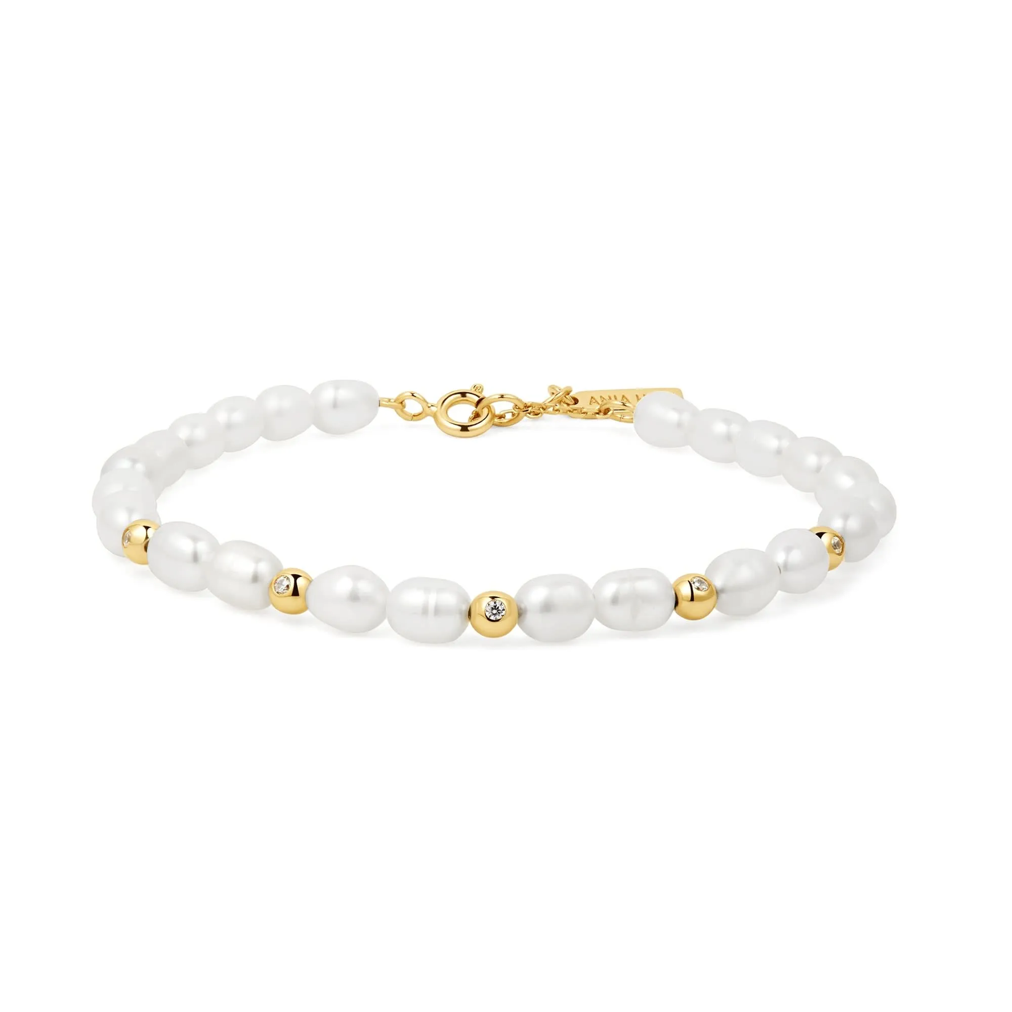Ania Haie Gold Freshwater Pearl White Cubic Zirconia Bezel Set Bracelet B058-05G Ania Haie Jewellery