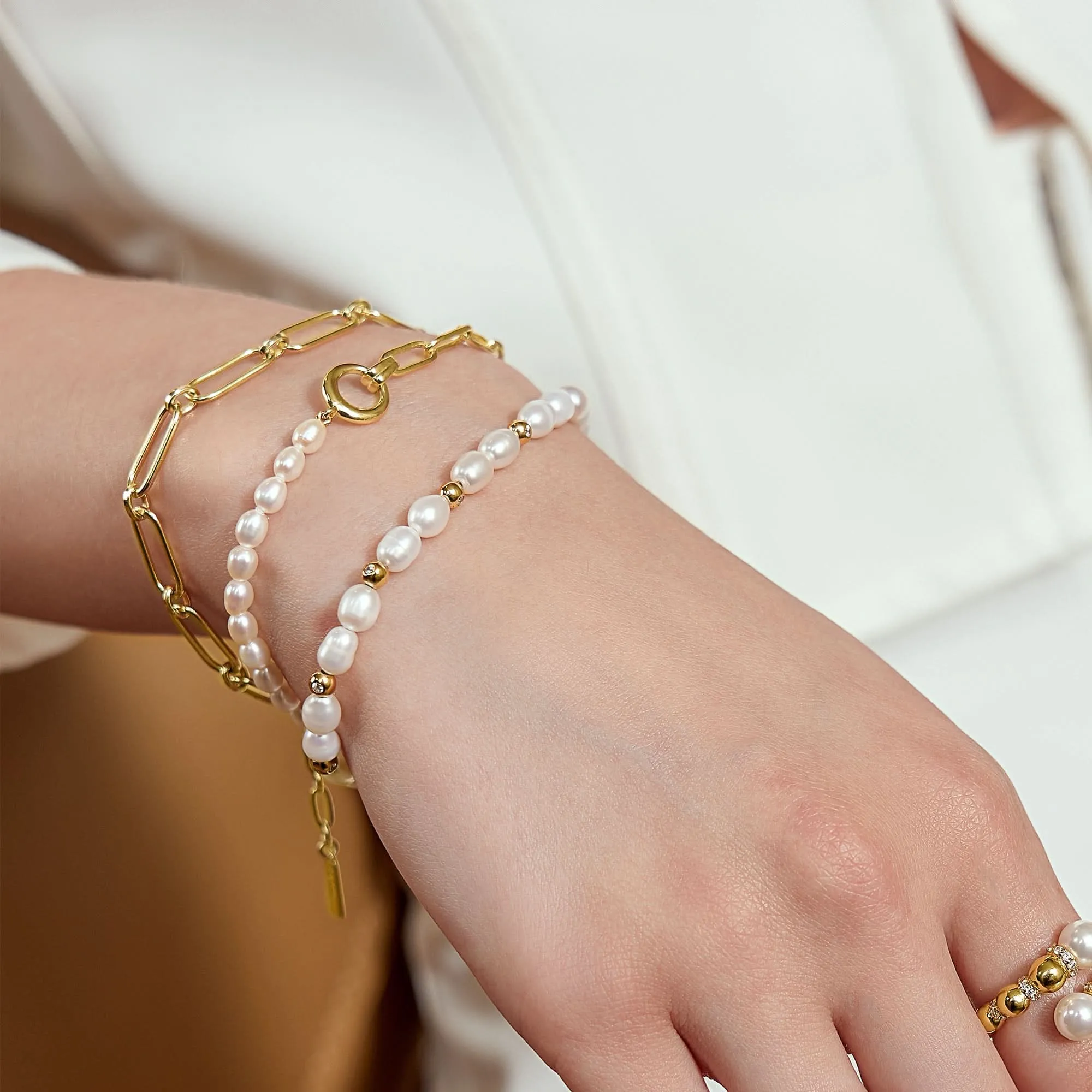 Ania Haie Gold Freshwater Pearl White Cubic Zirconia Bezel Set Bracelet B058-05G Ania Haie Jewellery