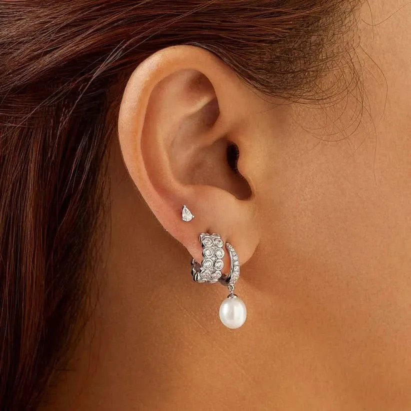 Ania Haie Silver Freshwater Pearl White Cubic Zirconia Pavé Drop Huggies E058-03H Ania Haie Jewellery