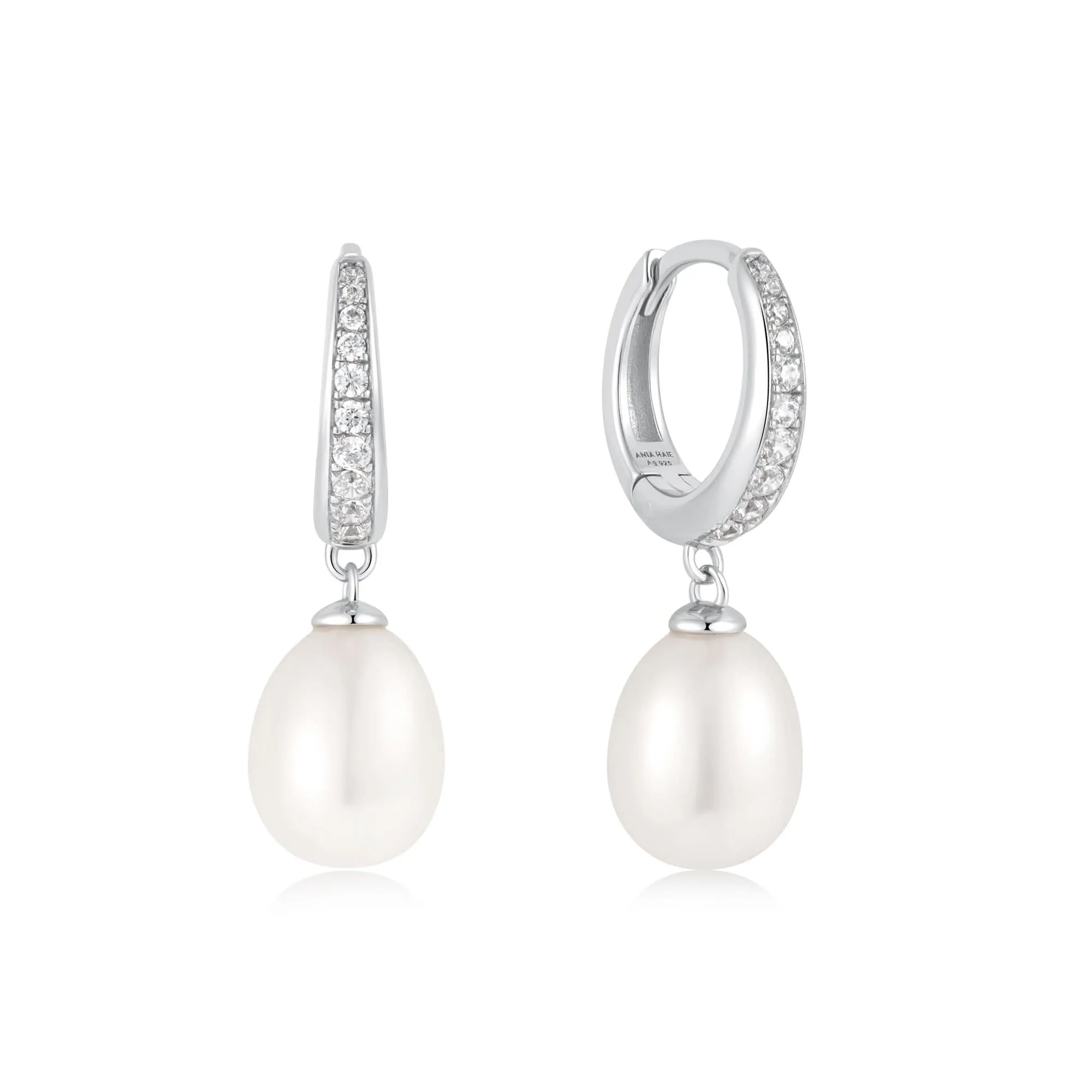 Ania Haie Silver Freshwater Pearl White Cubic Zirconia Pavé Drop Huggies E058-03H Ania Haie Jewellery