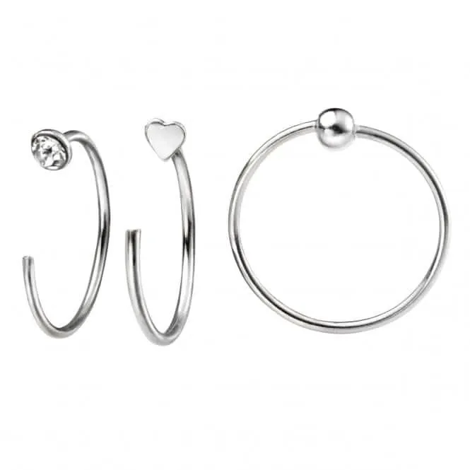 Beginnings Silver Set Of Three Nose Rings Crystal Ball & Heart nose stud T155 Beginnings Jewellery
