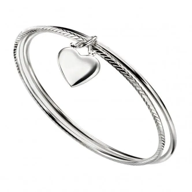 Beginnings Sterling Silver Double Diamond Cut With Heart Bangle B5066 Beginnings Jewellery