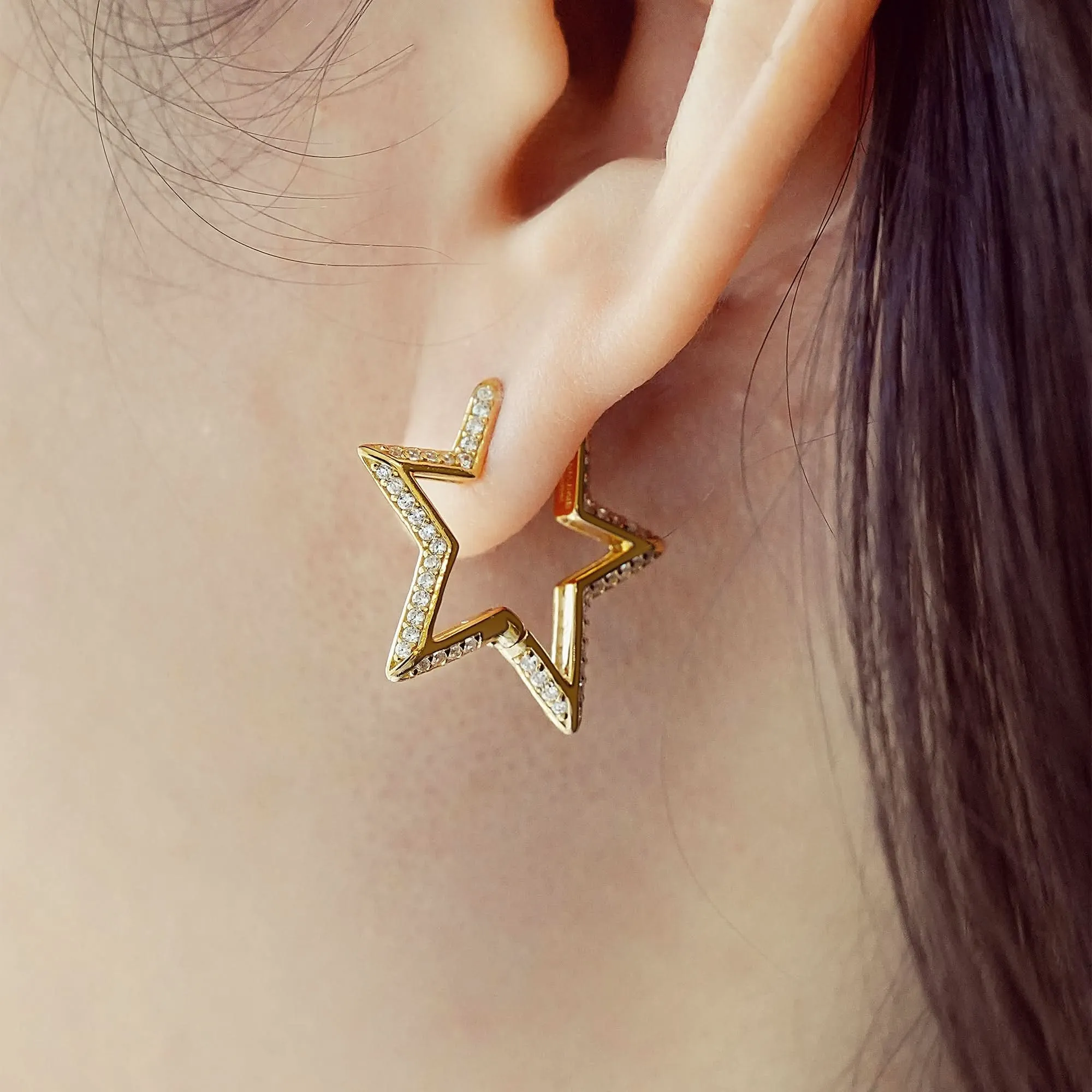 Gold Medium Star Pavé Hoop Earrings E064-05G Ania Haie Jewellery
