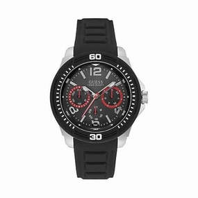 Guess Gents Silver Watch Black Multifunctional Dial And Black Silicone Strap W0967G1
