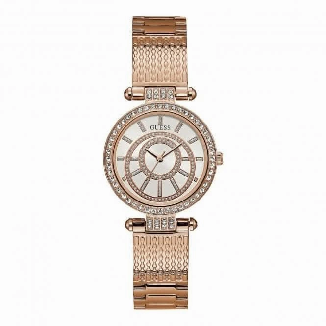 Guess Ladies Rose Gold Watch White Dial Rose Gold Textured Bracelet W1008L3