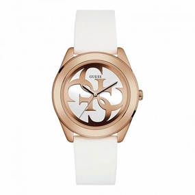 Guess Ladies Rose Gold Watch White Logo Dial And White Silicone Strap W0911L5
