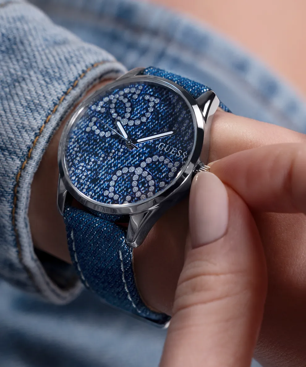 Jewelry Guess Watches GUESS QUATTRO 'G' LOGO DENIM BLUE SILVER TONE ANALOG WATCH GW0755L1