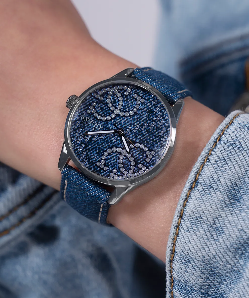 Jewelry Guess Watches GUESS QUATTRO 'G' LOGO DENIM BLUE SILVER TONE ANALOG WATCH GW0755L1