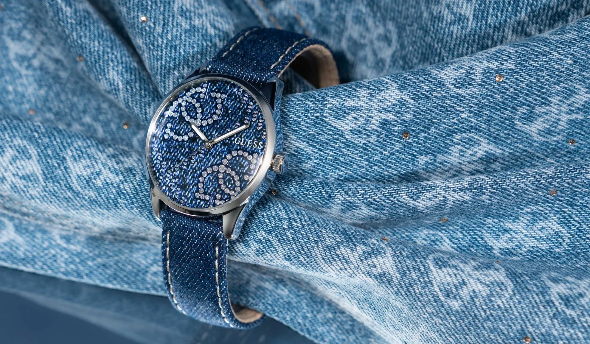 Jewelry Guess Watches GUESS QUATTRO 'G' LOGO DENIM BLUE SILVER TONE ANALOG WATCH GW0755L1