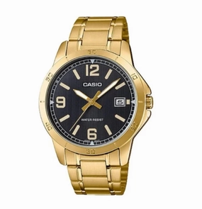 Jewelry_Casio_Watches Casio Gents Analog Black Face/Gold Band Watch