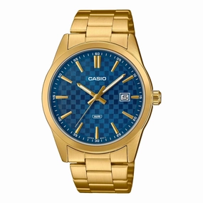 Jewelry_Casio_Watches Casio Gents Analog Blue Checker Face/Gold Stainless Steel Band Watch