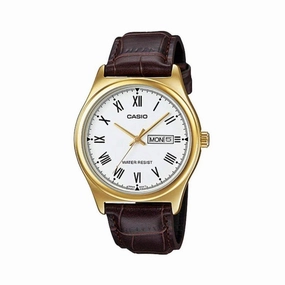 Jewelry_Casio_Watches Casio Gents Analog White Face/Gold Rim Brown Leather Band Watch