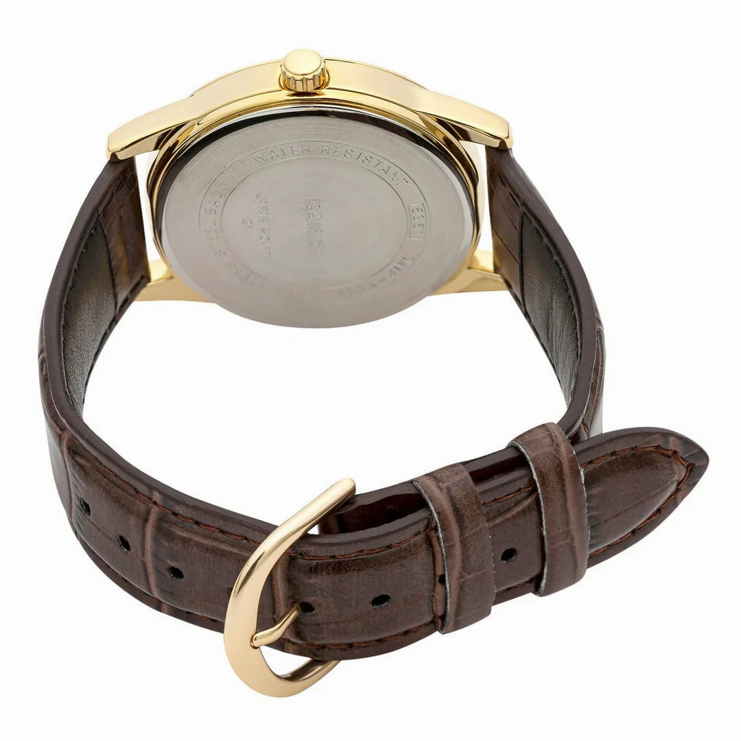 Jewelry_Casio_Watches Casio Gents Analog White Face/Gold Rim Brown Leather Band Watch