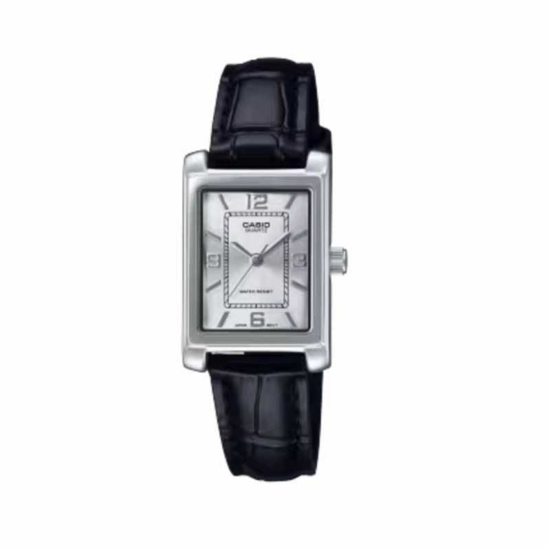 Jewelry_Casio_Watches Casio Ladies Ana Tunneau  Silver Face, Black Leather Band Watch