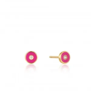 Neon Pink Enamel Disc Gold Stud Earrings E040-03G-NP Ania Haie Jewellery