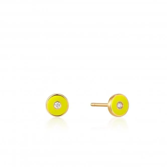 Neon Yellow Enamel Disc Gold Stud Earrings E040-03G-NY Ania Haie Jewellery