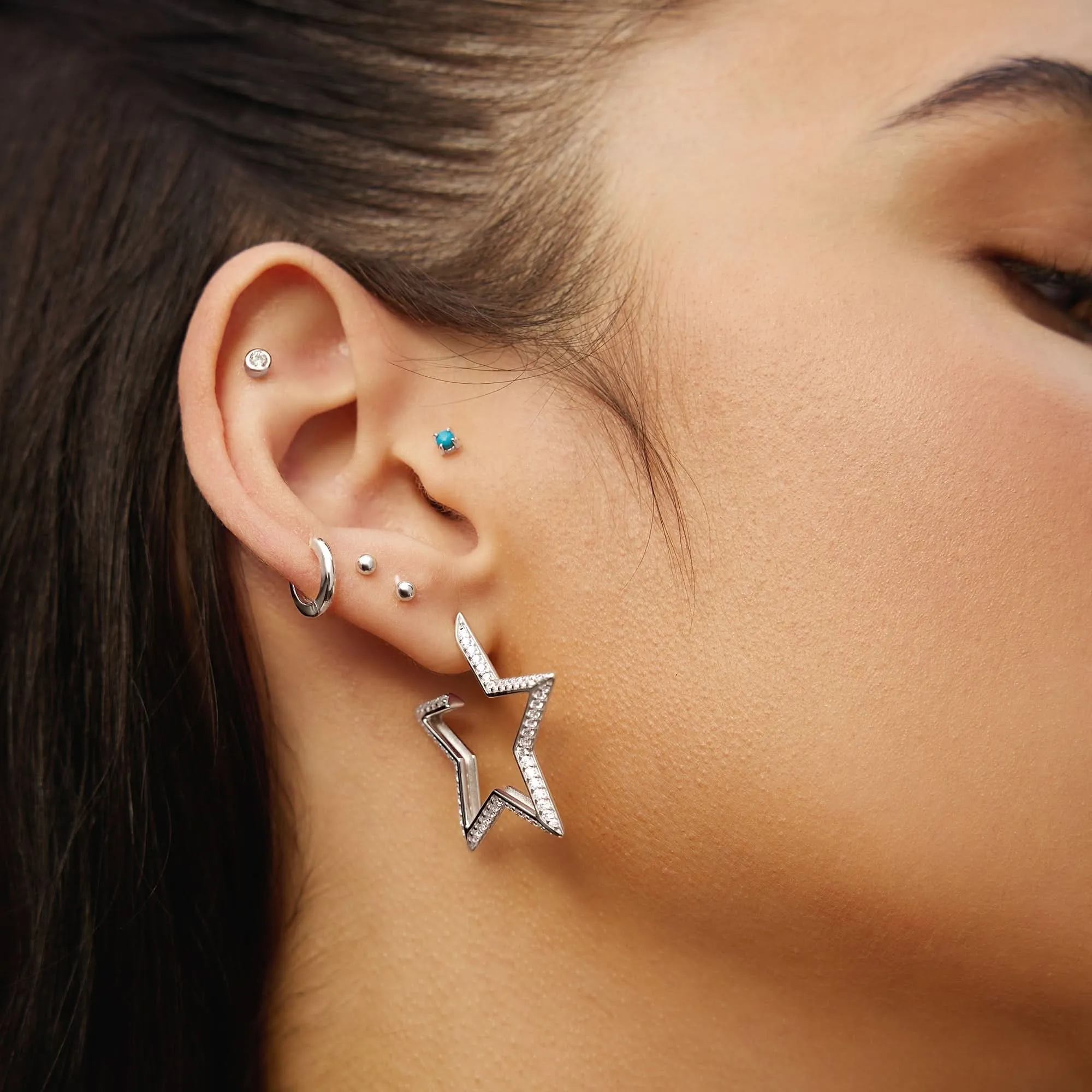 Silver Large Star-Shaped Pavé Hoop Earrings E064-09H Ania Haie Jewellery